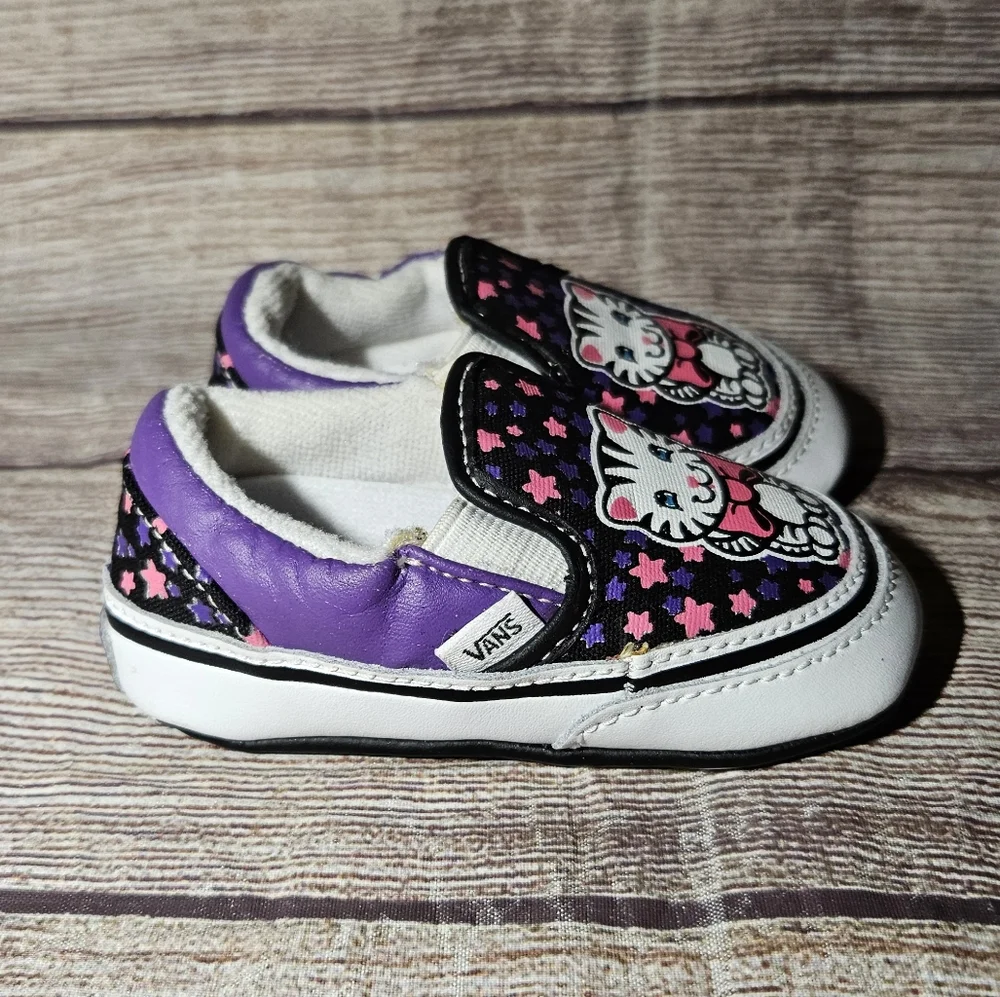 Vans pink and purple stars and cats baby crib slip on shoes